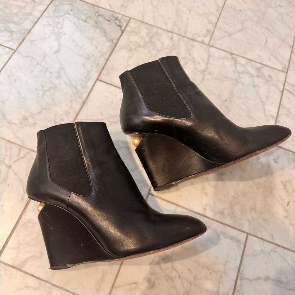 Chanel Black Leather Wedge Ankle Boots with Pearl Detail - Picture 3 of 6